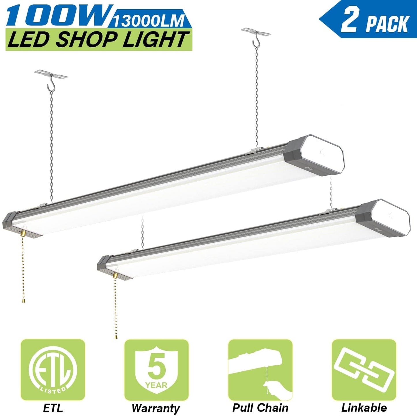 100W-4FT Linkable LED Shop Light-13000LM ,5000K-120V- ON/Off Pull Chain - Lumens Depot