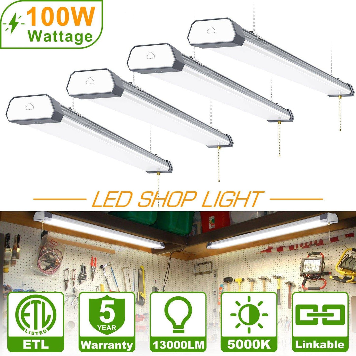 100W-4FT Linkable LED Shop Light-13000LM ,5000K-120V- ON/Off Pull Chain - Lumens Depot