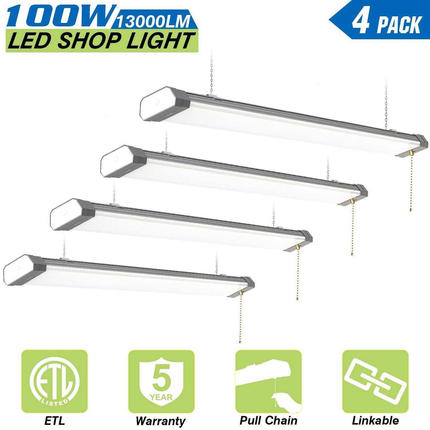 100W-4FT Linkable LED Shop Light-13000LM ,5000K-120V- ON/Off Pull Chain - Lumens Depot
