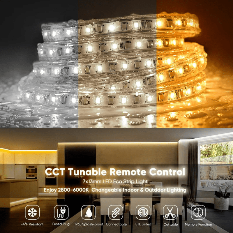 110-120V - CCT Adjustable White LED Strip with Remote (2800K/4500K/6000K)- IP65 Suitable for Outdoor applications, ETL, CE, RoHS Certified - Lumens Depot