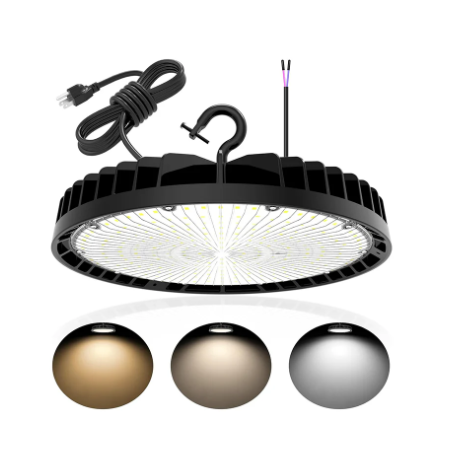 LED UFO High Bay Light: BI 240W/200W/150W, CCT Tunable 3000K/4000K/5000K, 100-277VAC, Black, with US Plug - Lumens Depot