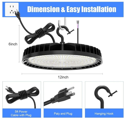 LED UFO High Bay Light: BI 240W/200W/150W, CCT Tunable 3000K/4000K/5000K, 100-277VAC, Black, with US Plug - Lumens Depot