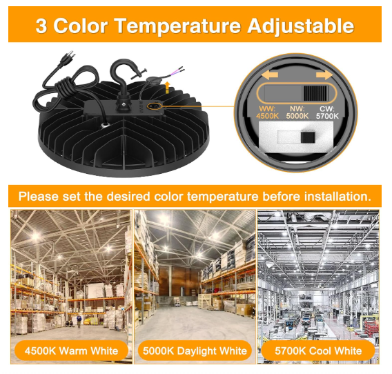LED UFO High Bay Light, BI 150W/120W/90W, CCT Tunable 3000K/4000K/5000K, 100-277VAC, Black, with US Plug - Lumens Depot