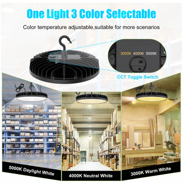 LED UFO High Bay Light: BI 240W/200W/150W, CCT Tunable 3000K/4000K/5000K, 100-277VAC, Black, with US Plug - Lumens Depot