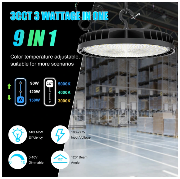 LED UFO High Bay Light, BI 150W/120W/90W, CCT Tunable 3000K/4000K/5000K, 100-277VAC, Black, with US Plug - Lumens Depot