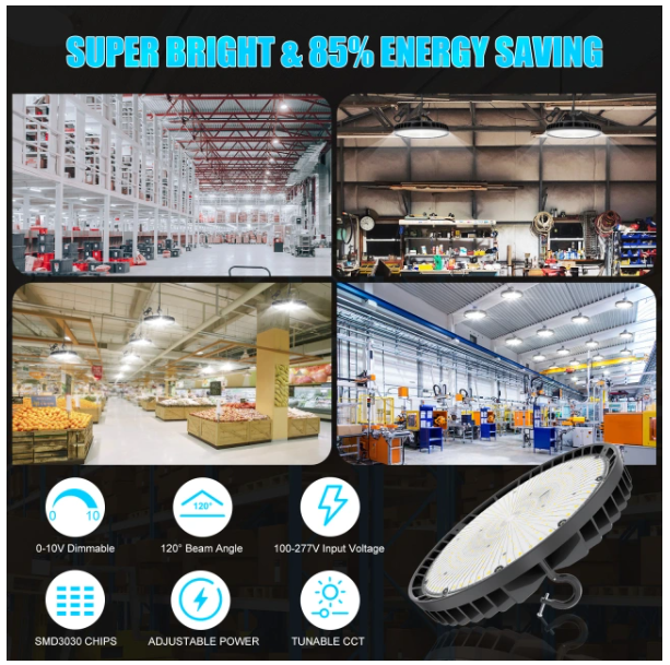 LED UFO High Bay Light: BI 240W/200W/150W, CCT Tunable 3000K/4000K/5000K, 100-277VAC, Black, with US Plug - Lumens Depot
