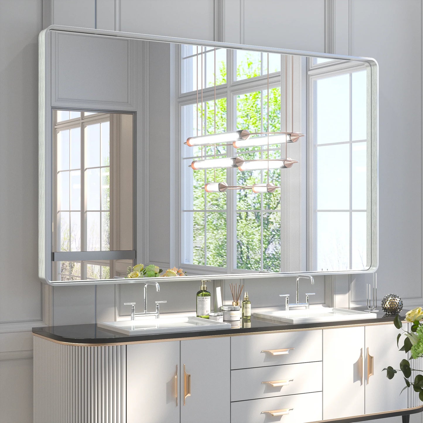 Silver Round Corner Metal Frame Mirror – Rectangular Wall Mirror with Polished Beveled Edge – Modern Vanity and Bathroom Mirror - Lumens Depot