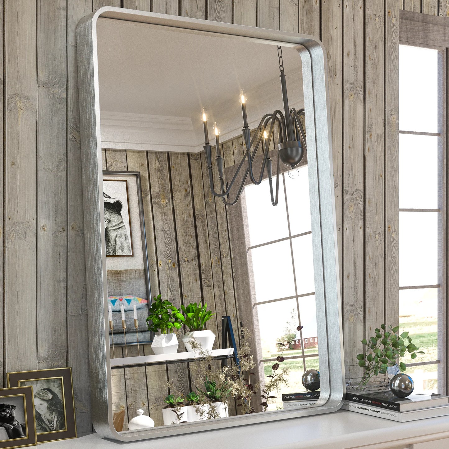 Silver Round Corner Metal Frame Mirror – Rectangular Wall Mirror with Polished Beveled Edge – Modern Vanity and Bathroom Mirror - Lumens Depot