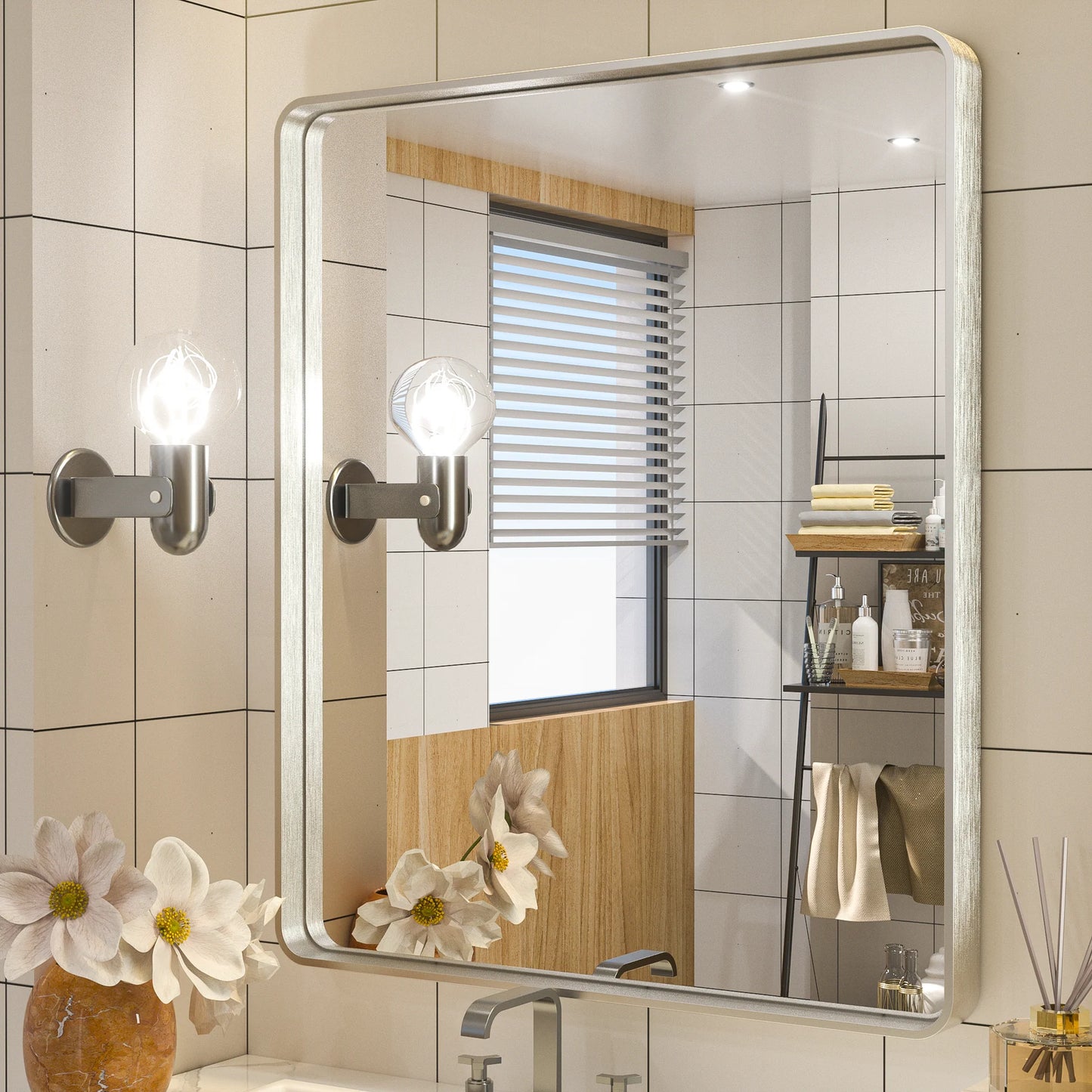 Silver Round Corner Metal Frame Mirror – Rectangular Wall Mirror with Polished Beveled Edge – Modern Vanity and Bathroom Mirror - Lumens Depot