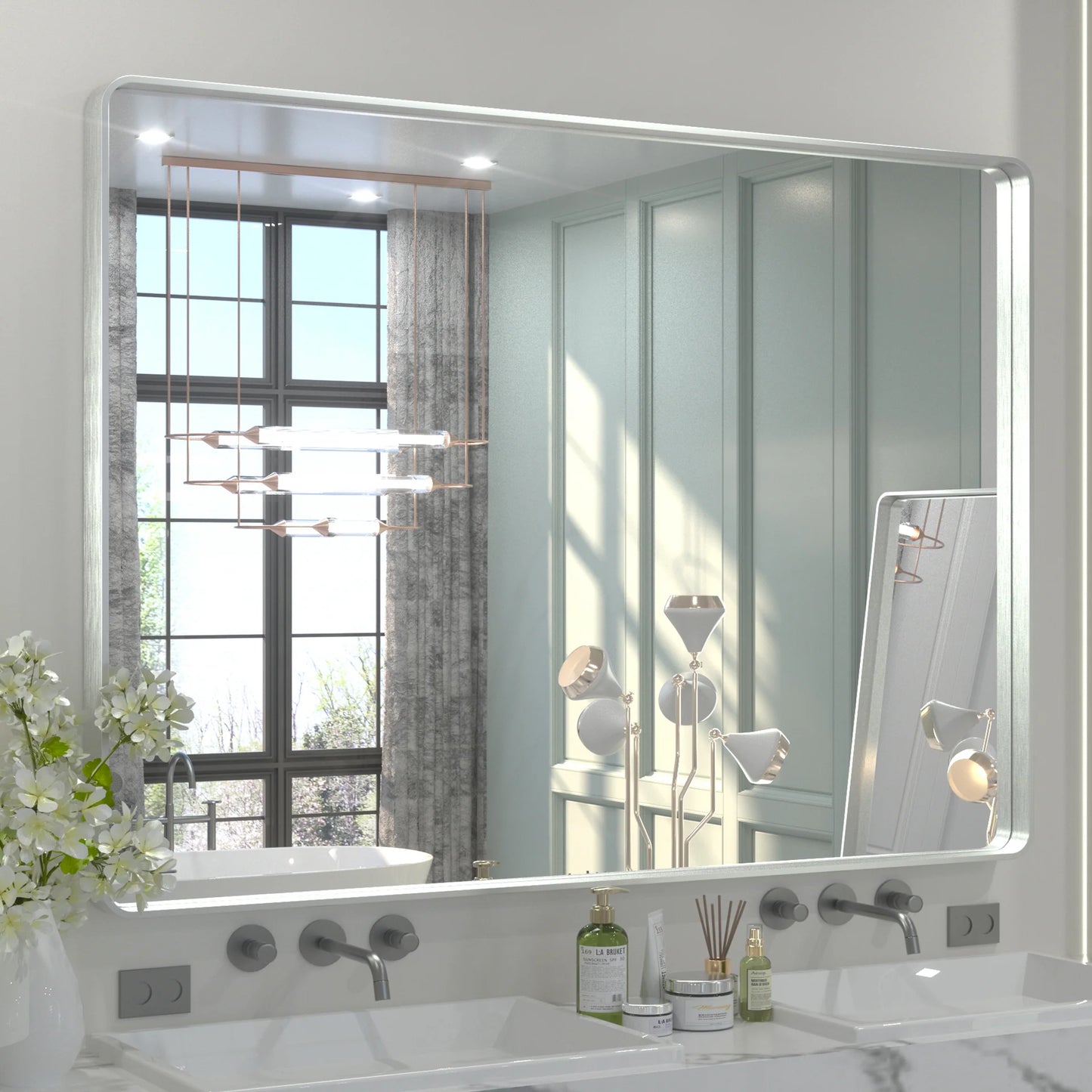 Silver Round Corner Metal Frame Mirror – Rectangular Wall Mirror with Polished Beveled Edge – Modern Vanity and Bathroom Mirror - Lumens Depot