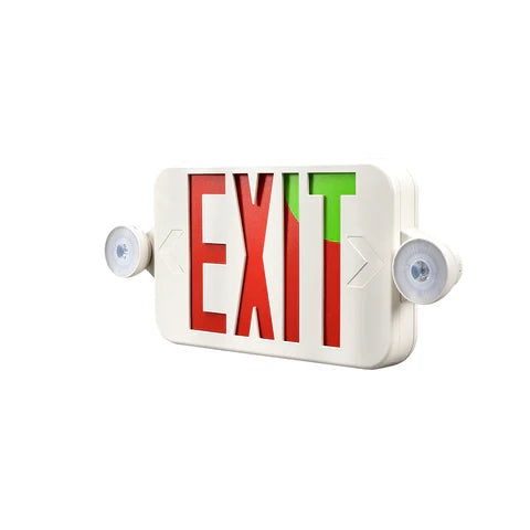 LED Exit Sign with Dual Head Emergency Lights - 2W - Red & Green Switchable Lens - Adjustable CCT 6000K-7000K - 120-277V - 3.6V 1000mAh Battery - UL Listed - Lumens Depot