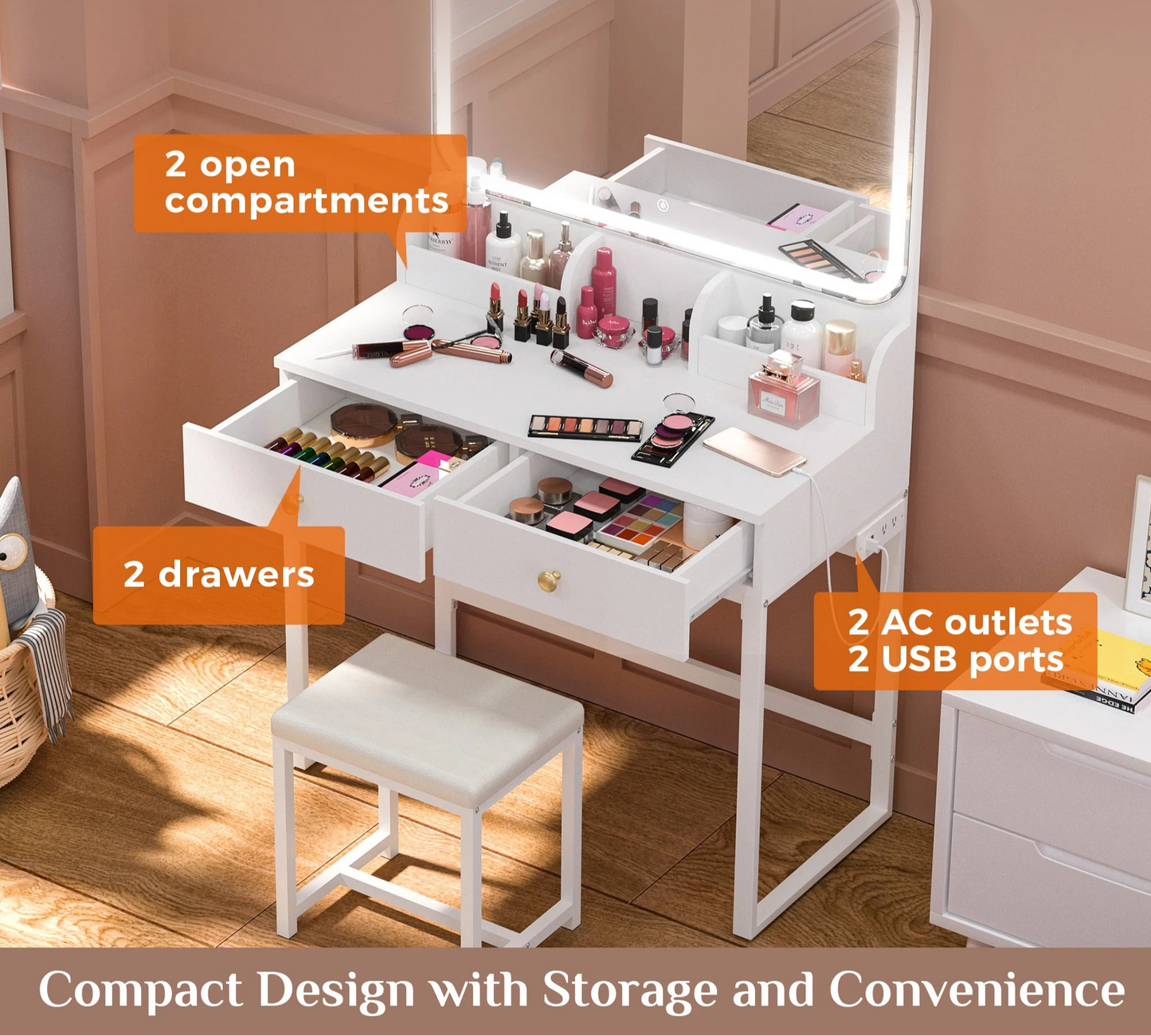 White Vanity Desk with Lighted Mirror and Chair – Makeup Vanity Set with 2 Drawers - Storage Shelves - USB Ports & Outlets – Compact Design for Small Spaces - Lumens Depot