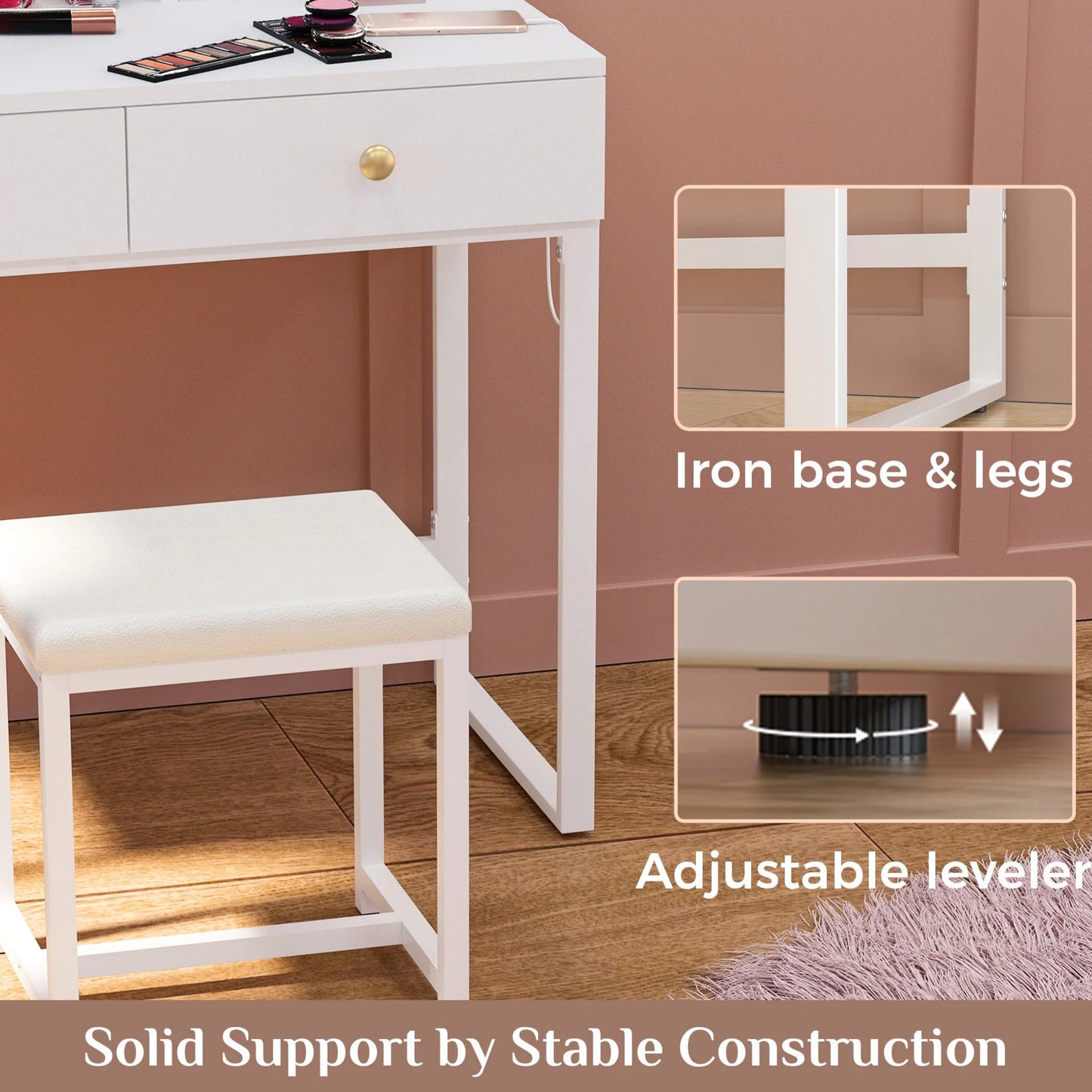 White Vanity Desk with Lighted Mirror and Chair – Makeup Vanity Set with 2 Drawers - Storage Shelves - USB Ports & Outlets – Compact Design for Small Spaces - Lumens Depot