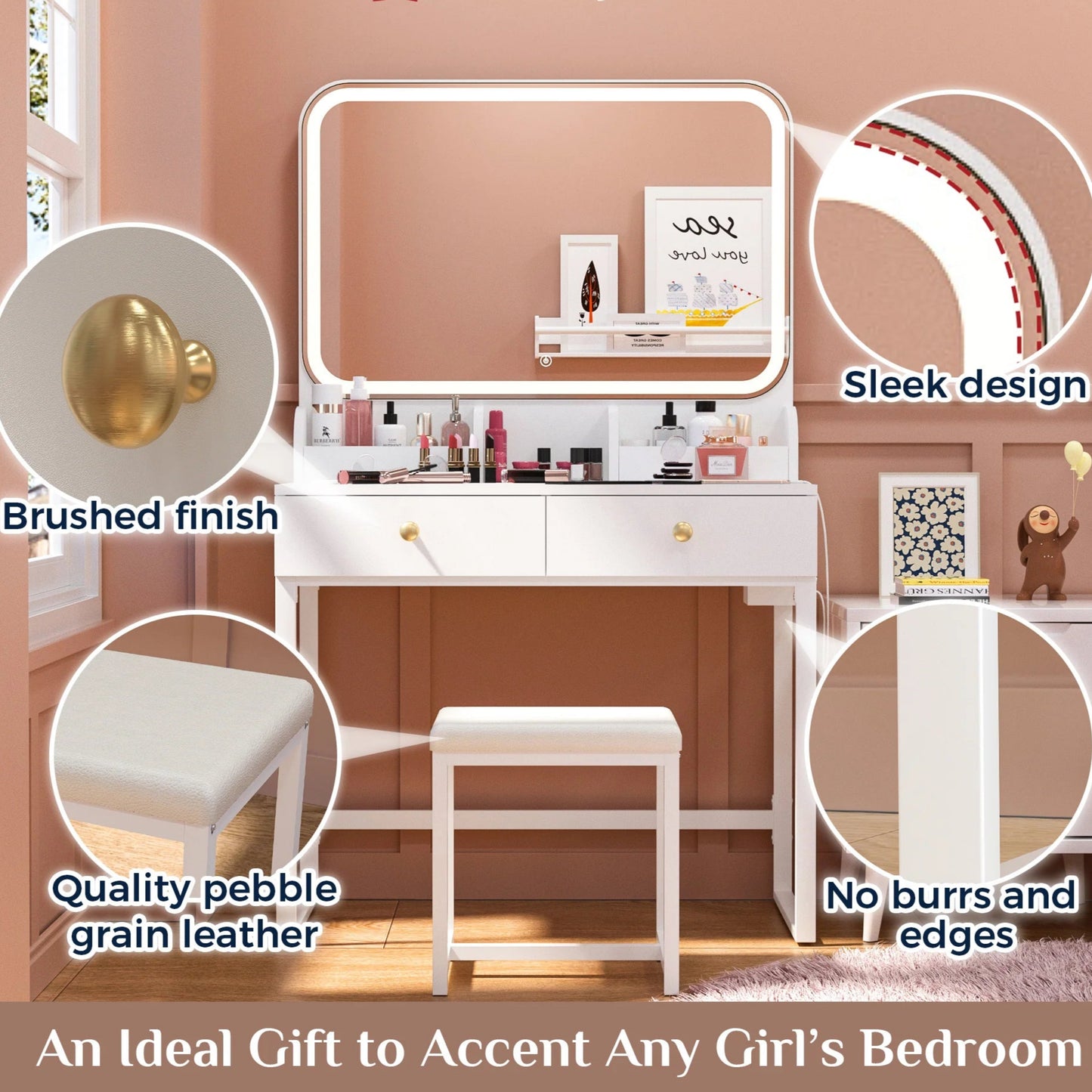 White Vanity Desk with Lighted Mirror and Chair – Makeup Vanity Set with 2 Drawers - Storage Shelves - USB Ports & Outlets – Compact Design for Small Spaces - Lumens Depot