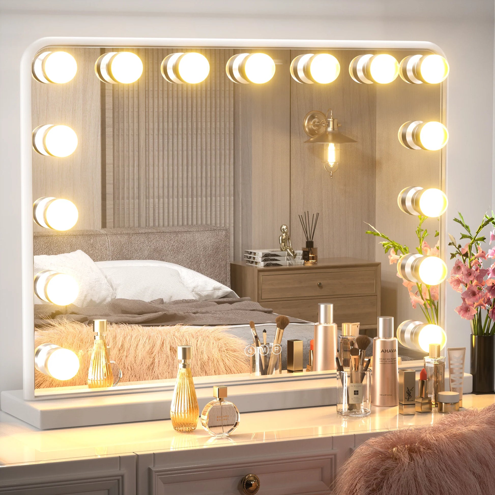 18x23 Inch Hollywood Lighted Makeup Mirror with Dimmable LED Bulbs – 3 Color Modes – White Frame Vanity Mirror - Lumens Depot