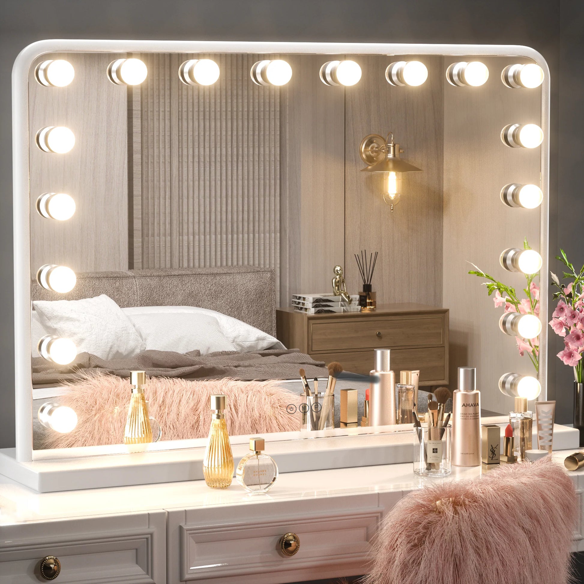 18x23 Inch Hollywood Lighted Makeup Mirror with Dimmable LED Bulbs – 3 Color Modes – White Frame Vanity Mirror - Lumens Depot