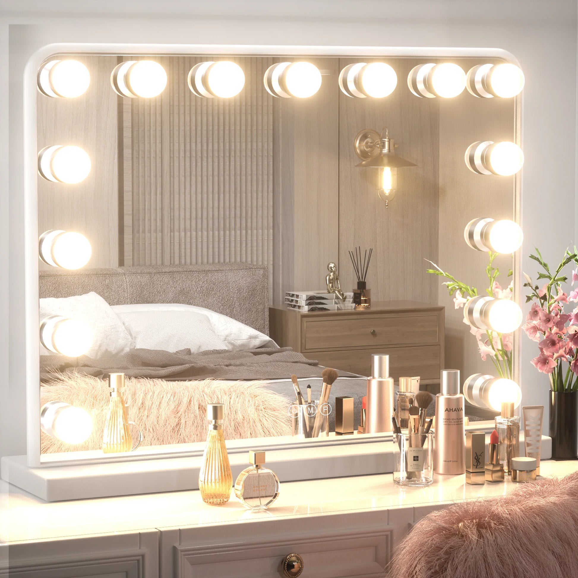 18x23 Inch Hollywood Lighted Makeup Mirror with Dimmable LED Bulbs – 3 Color Modes – White Frame Vanity Mirror - Lumens Depot