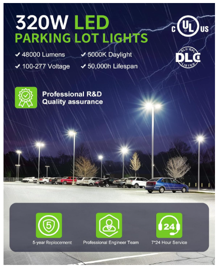 320W LED Shoebox Parking Lot Light with Photocell, UL DLC Listed, 48,000LM, 5000K, IP65, Commercial Area Pole & Flood Fixture, 100-277V, 3-in-1 Arm & Slip Fitter Mount - Lumens Depot