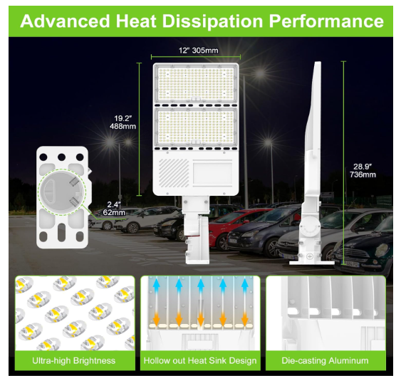 320W LED Shoebox Parking Lot Light with Photocell, UL DLC Listed, 48,000LM, 5000K, IP65, Commercial Area Pole & Flood Fixture, 100-277V, 3-in-1 Arm & Slip Fitter Mount - Lumens Depot