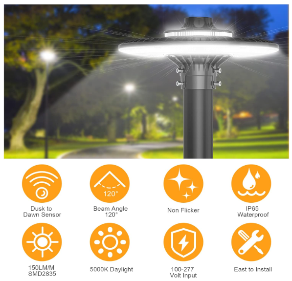 120W LED Circular Area Light – 5000K, 100-277V AC, Built-in Photocell, IP65 Waterproof Post Top Light, UL Listed - Lumens Depot