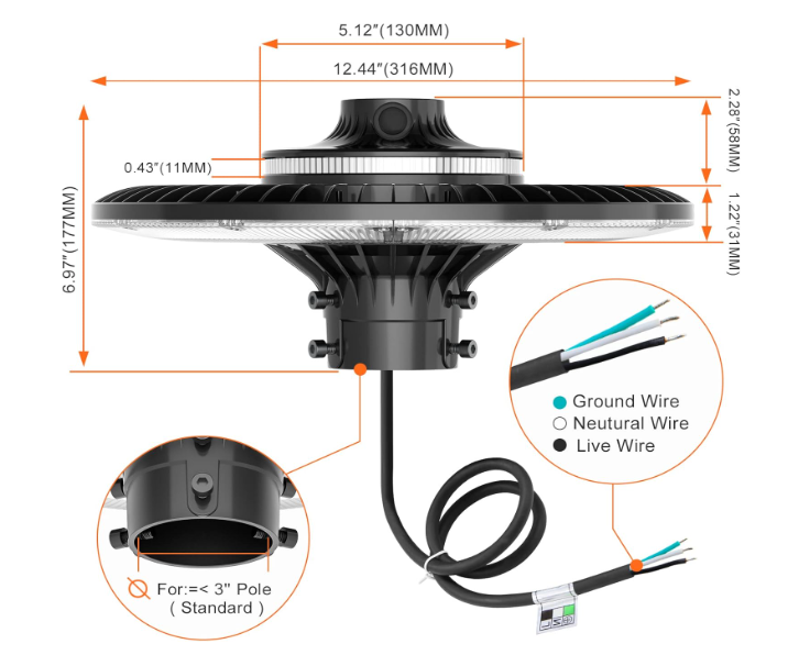 120W LED Circular Area Light – 5000K, 100-277V AC, Built-in Photocell, IP65 Waterproof Post Top Light, UL Listed - Lumens Depot