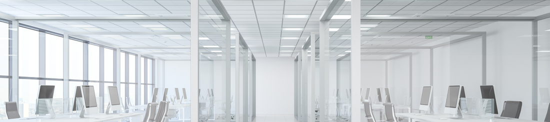 Modern office with LED panel lighting + bright workspace