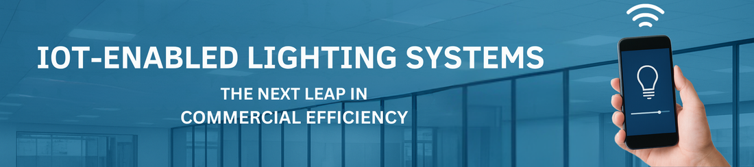 Modern commercial office space illuminated with IoT-enabled smart LED lighting systems, showcasing connected sensors and data integration for energy efficiency.