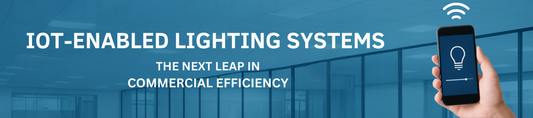 Modern commercial office space illuminated with IoT-enabled smart LED lighting systems, showcasing connected sensors and data integration for energy efficiency.