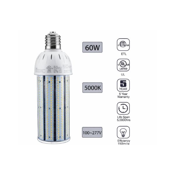 LED Corn Bulb, 60W, 6600 lumens, 5000K Daylight, E39 Mogul Base, 100-277 VAC - Lumens Depot