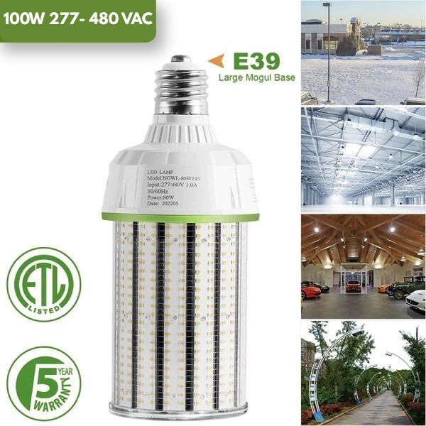LED Corn Bulb, 100W, 15,000 lumens, 5000K, E39 Base, 277-480 VAC, 480 VAC HID Replacement - Lumens Depot