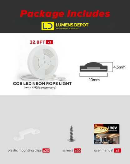 110-120V Cool White COB Peel and Stick Tape Light (10mmx4.5mm),IP65, Cuttable, dimmable, flicker-free - Plug and Play and Could Be hardwired