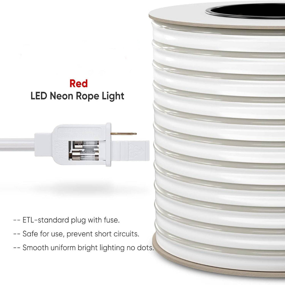 110V-120V Red Neon LED Rope Light - 8mmX16mm,Commercial Grade, IP65, 6 Watts/M -Cuttable, dimmable, could be hardwired ETL Listed- Plug and Play - Lumens Depot