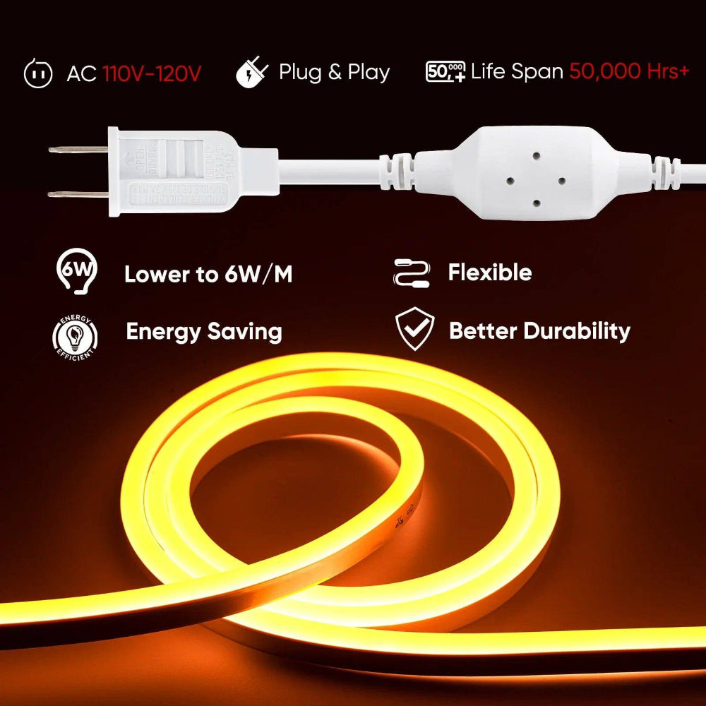 110V-120V Yellow-Amber Neon LED Rope Light - 7mmX14.5mm,Commercial Grade, IP65, 220Lm/M -Cuttable, Dimmable, ETL Listed- Plug and Play and Hardwired - Lumens Depot