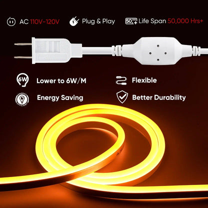 110V-120V Yellow-Amber Neon LED Rope Light - 7mmX14.5mm,Commercial Grade, IP65, 220Lm/M -Cuttable, Dimmable, ETL Listed- Plug and Play and Hardwired - Lumens Depot