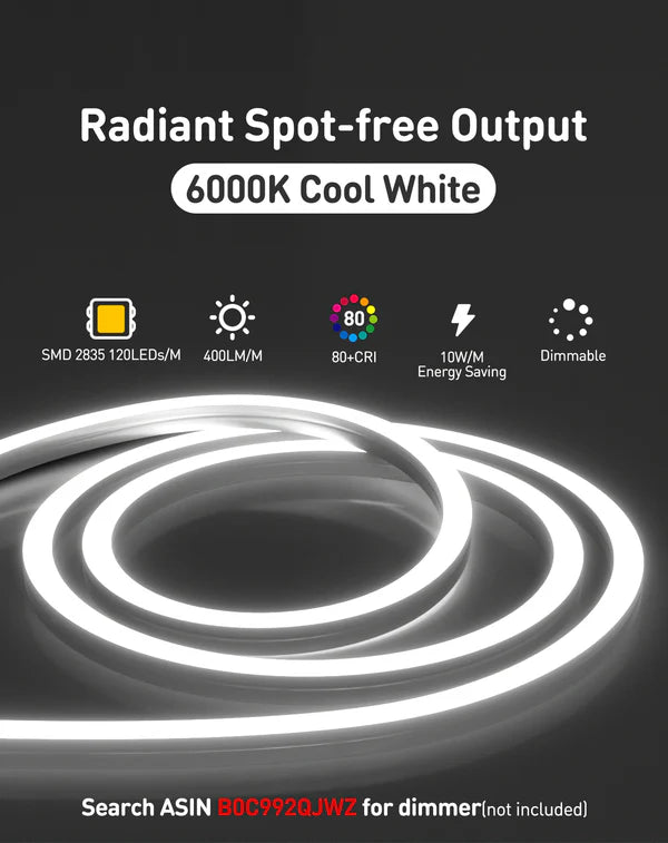 120V 3D Bend Flexible Neon Flex LED Strip, Top & Side Bend, 6000K Cool White - Lumens Depot