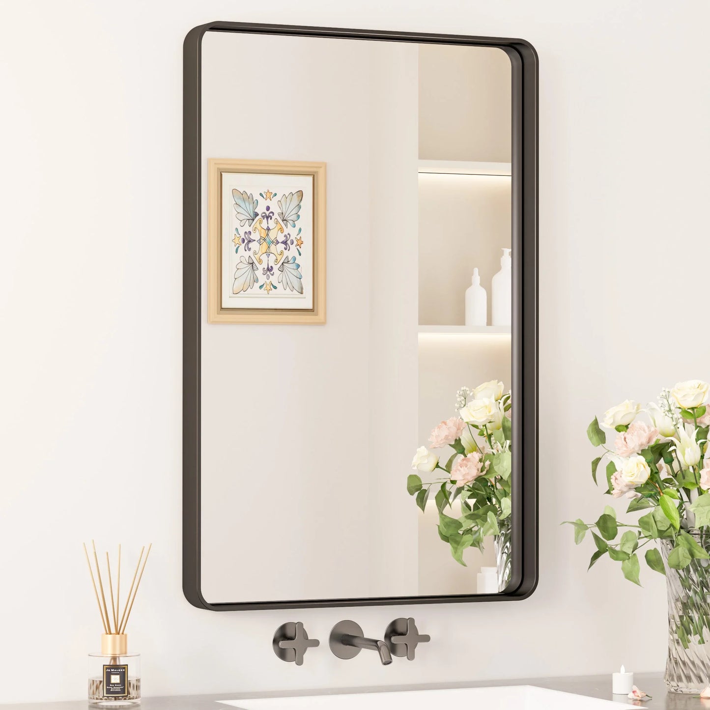 Black Hard Corner Thin Frame Metal Mirror – Modern Rectangular Wall-Mounted Mirror - Lumens Depot