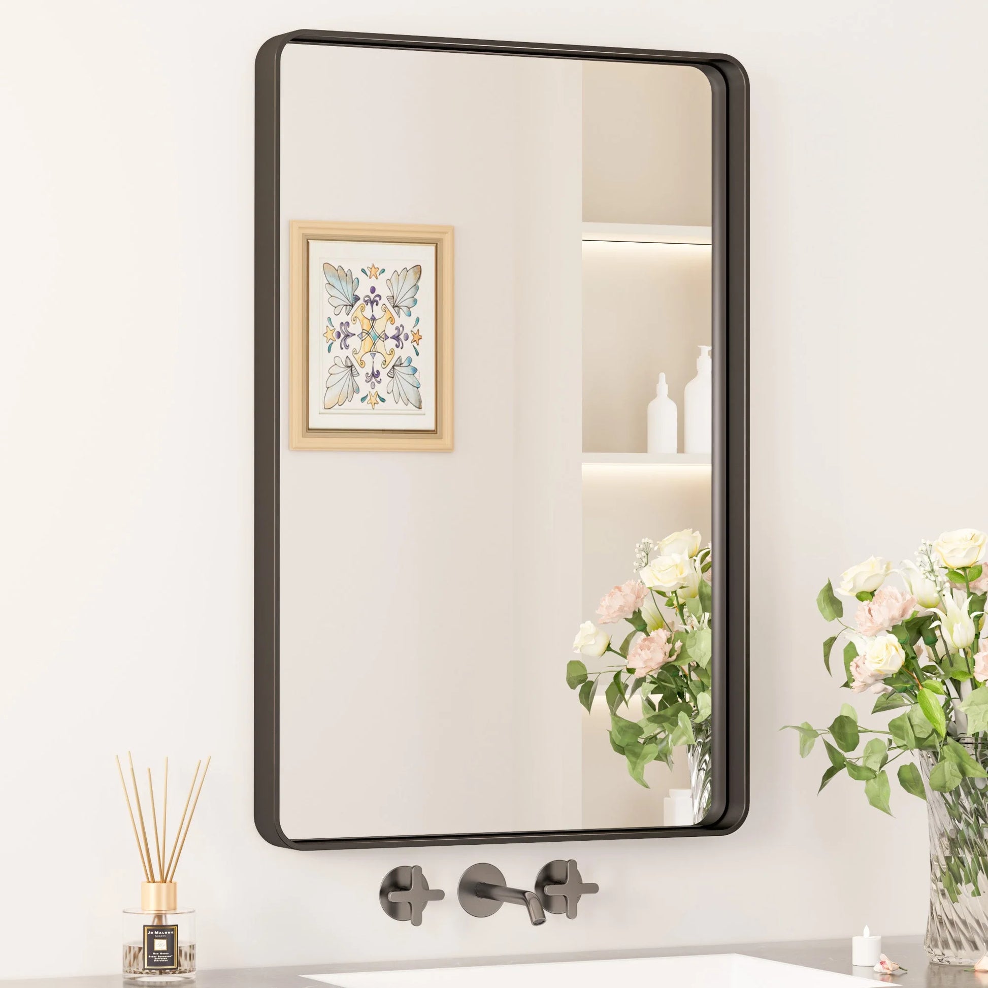 Black Hard Corner Thin Frame Metal Mirror – Modern Rectangular Wall-Mounted Mirror - Lumens Depot