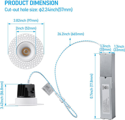 1" Trimless LED Recessed Light, 9W, Dimmable, 2700K-5000K