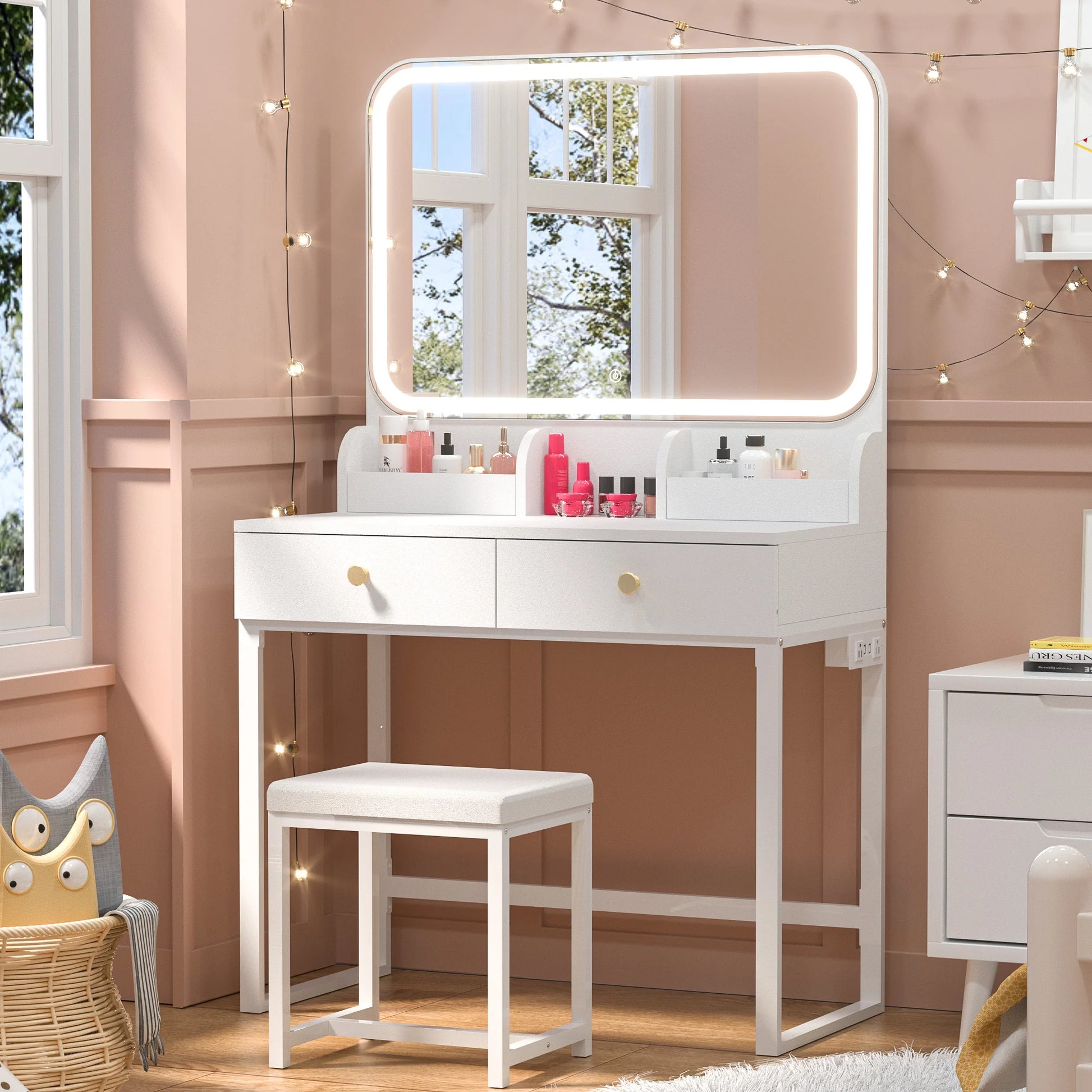 White Vanity Desk with Lighted Mirror and Chair – Makeup Vanity Set with 2 Drawers - Storage Shelves - USB Ports & Outlets – Compact Design for Small Spaces - Lumens Depot