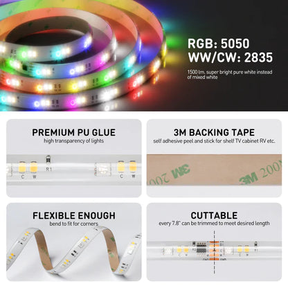 24V 16FT RGBWW LED Strip Light with IC Function and Remote Control – Multi-Color LED Tape