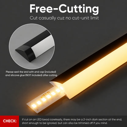 24V Anti-Glare Bright Cozy Under Cabinet LED Strip Free Cut 2700K Warm White - Black Shell