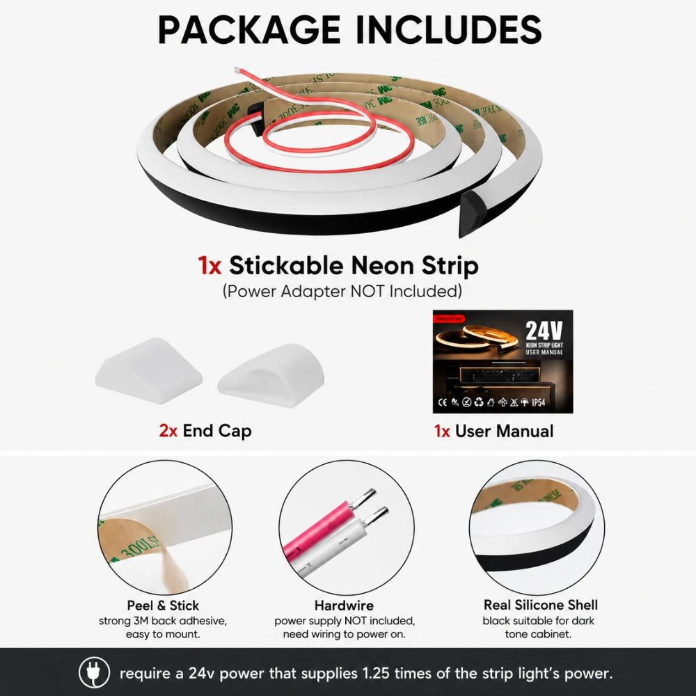 24V Anti-Glare Bright Cozy Under Cabinet LED Strip Free Cut 2700K Warm White - Black Shell