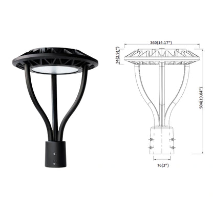 LED Post Top Light, Selectable 80W/60W/48W and CCT, 100-277 VAC, 11200 Lumens