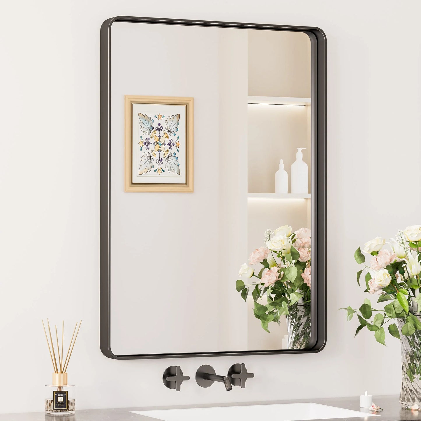 Black Hard Corner Thin Frame Metal Mirror – Modern Rectangular Wall-Mounted Mirror - Lumens Depot