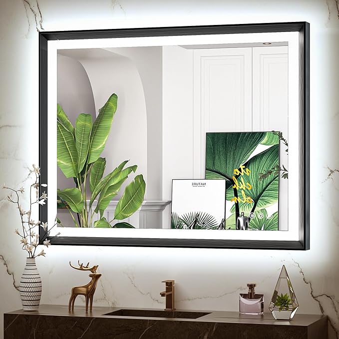 40x30 Black Frontlit LED Bathroom Mirror with 3 CCT – Dimmable - Anti-Fog - Metal Frame - Lumens Depot