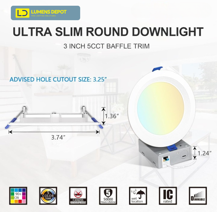 3" 5CCT Ultra-Thin LED Recessed Light, 8W, 500LM, Dimmable