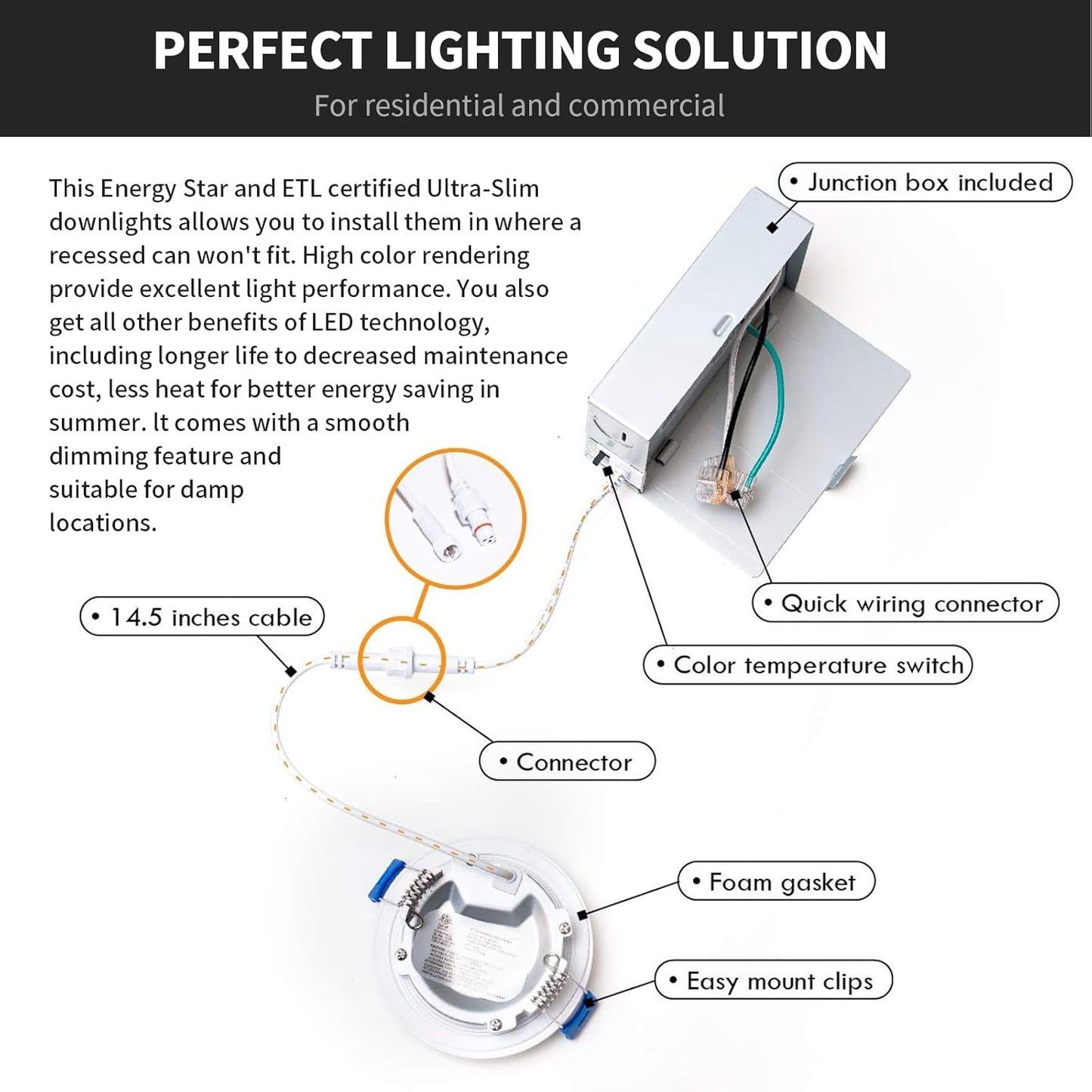 3" 5CCT Ultra-Thin LED Recessed Light, 8W, 500LM, Dimmable