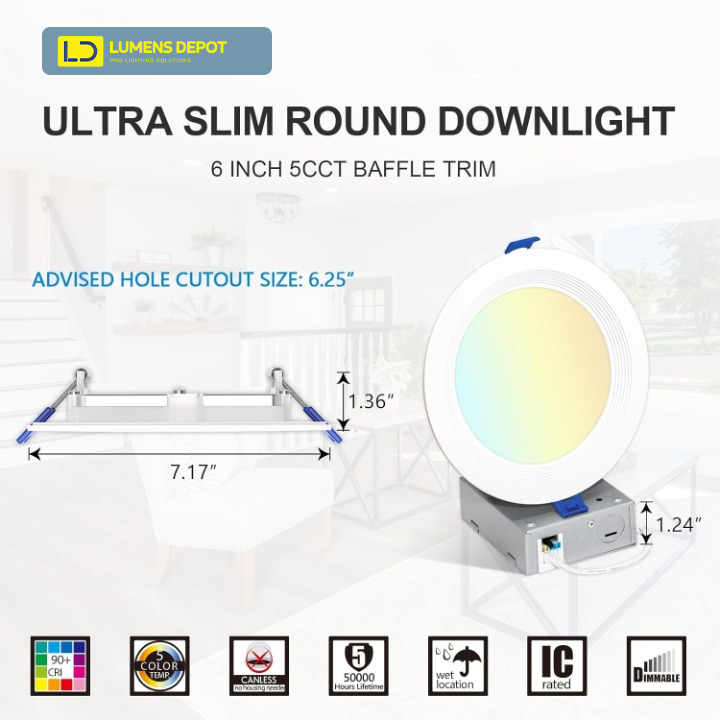 6-Inch Canless LED Downlight, 900LM, 5CCT, Dimmable