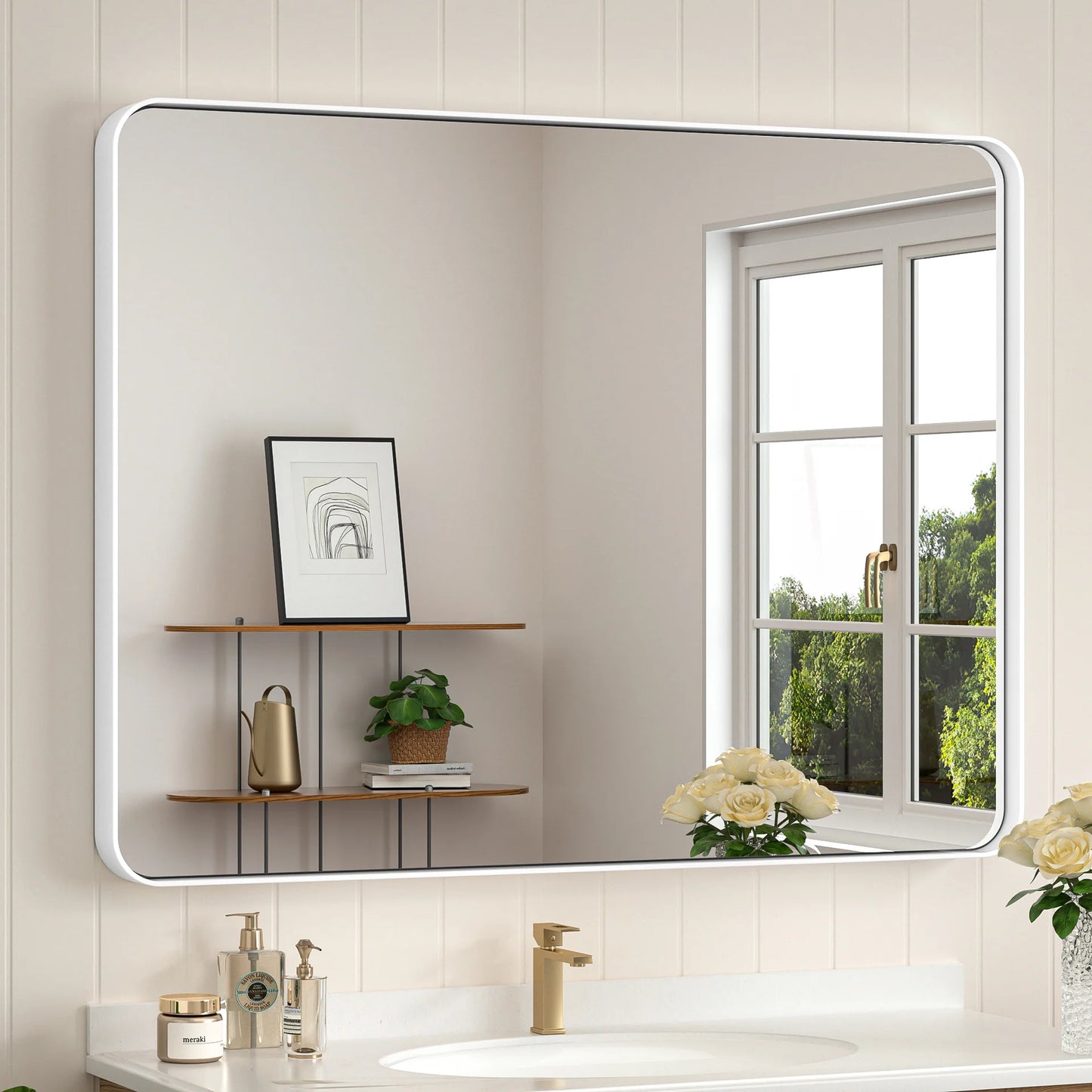 White Hard Corner Thin Frame Metal Mirror – Modern Rectangular Wall-Mounted Mirror with Shatterproof Copper-Free Glass - Lumens Depot
