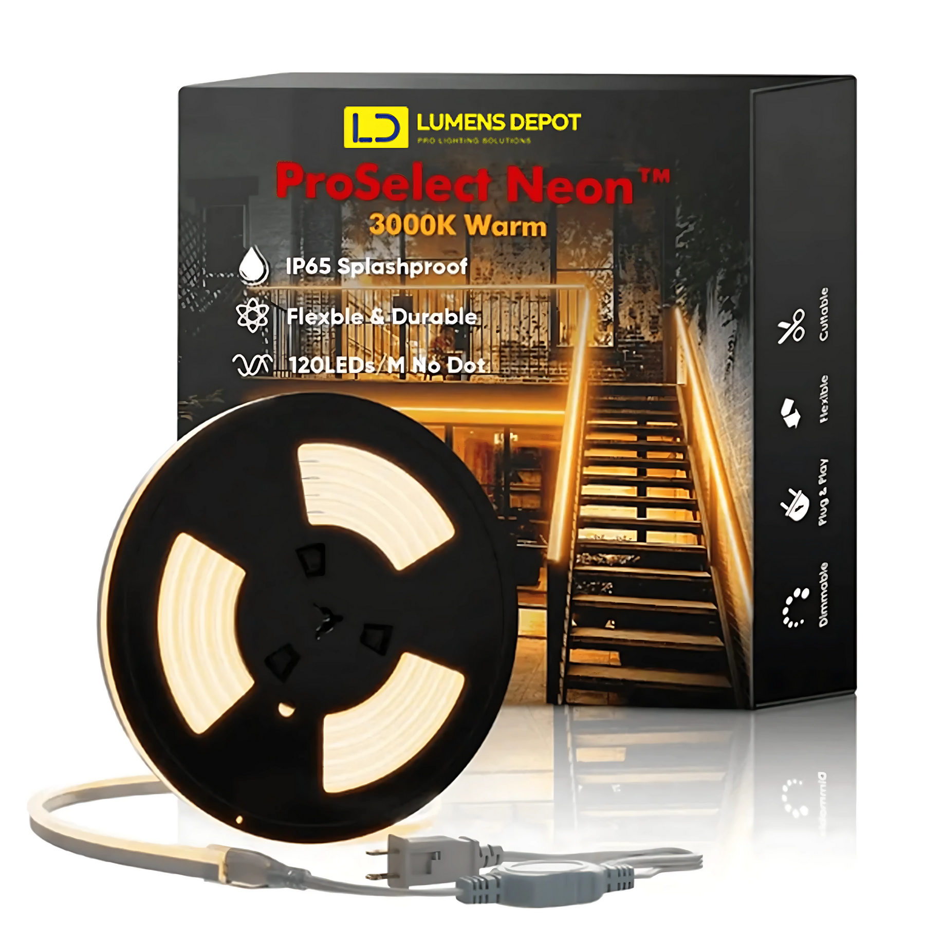 110-130V Warm White LED Neon Rope Light -3000K- 7mm x 14.5mm-7W/Meter and 220LM/W -Dimmable, Flexible, IP65 Waterproof, Cuttable for Home & Commercial Use - Lumens Depot